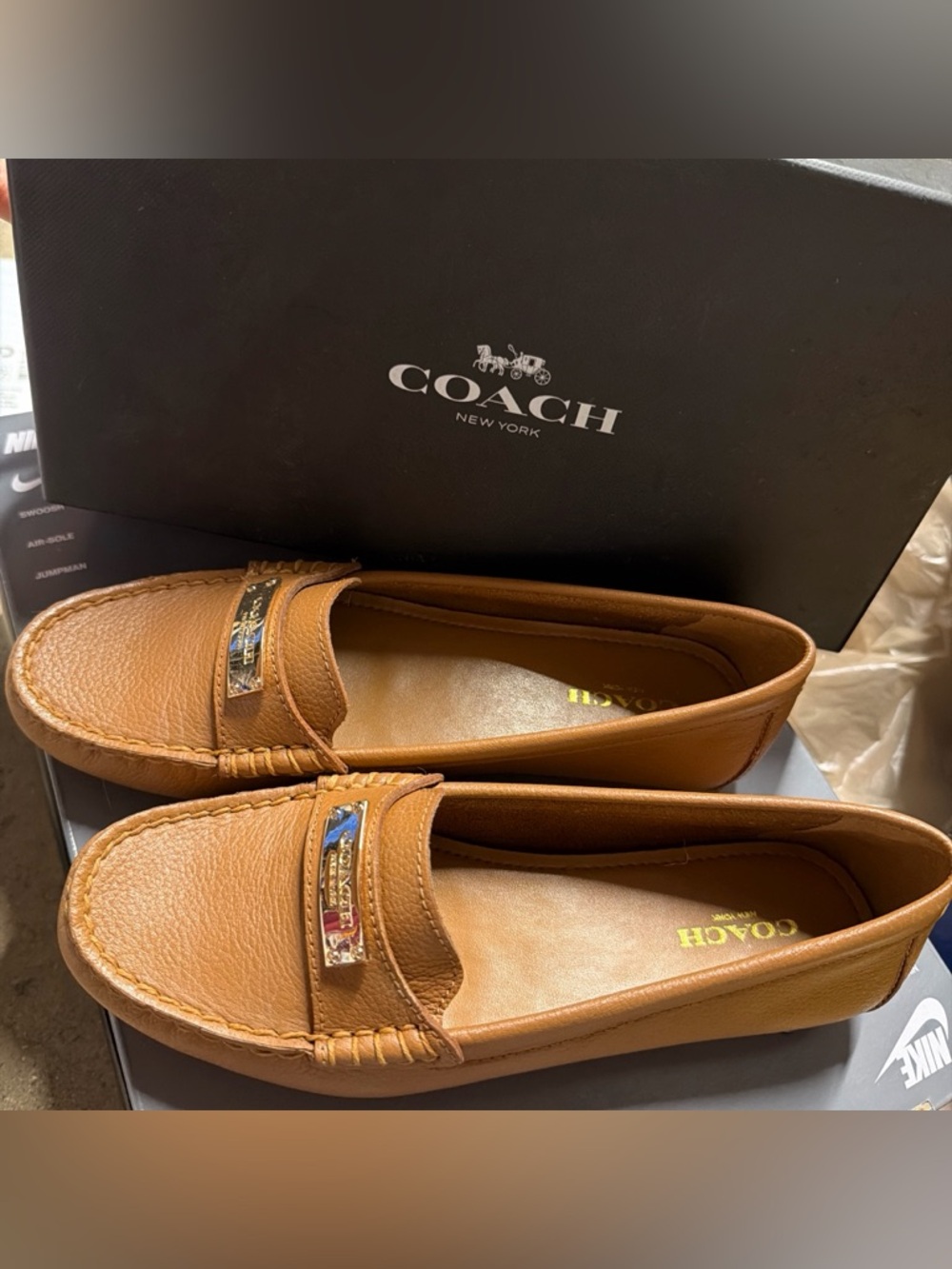 Coach Tan Leather Flats with Gold Accent